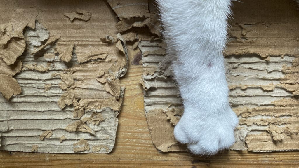 Pate de chat qui détruit du carton Cat paw destroying cardboard